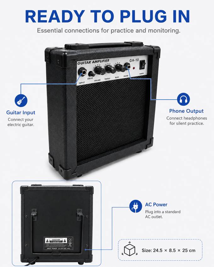 GA-10 guitar input, headphone output, AC power and dimensions