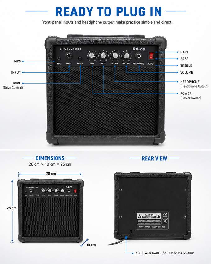 GA-20 connections, dimensions and AC power