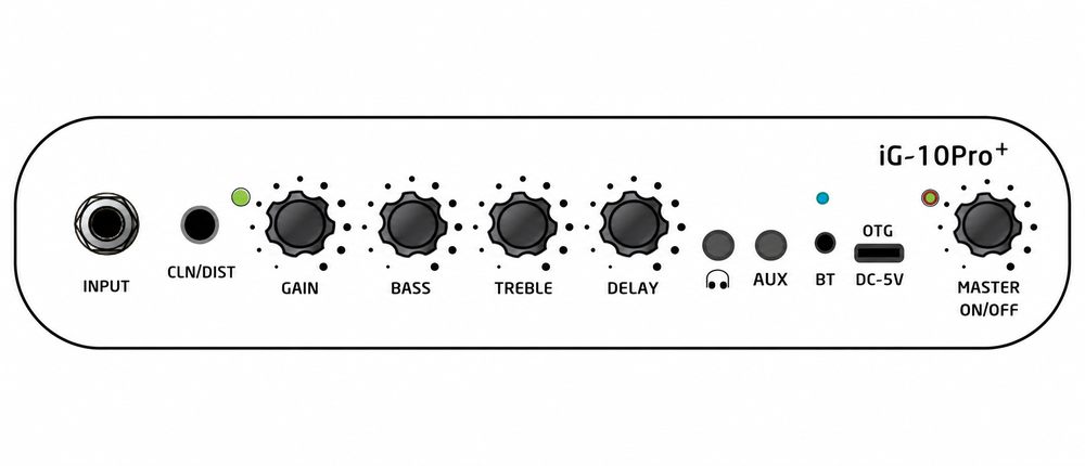 IG-10 top-panel inputs, tone controls, Bluetooth, OTG and USB-C power