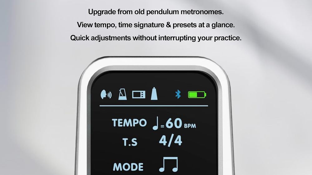 iDM-007 backlit LCD showing tempo, time signature and preset information